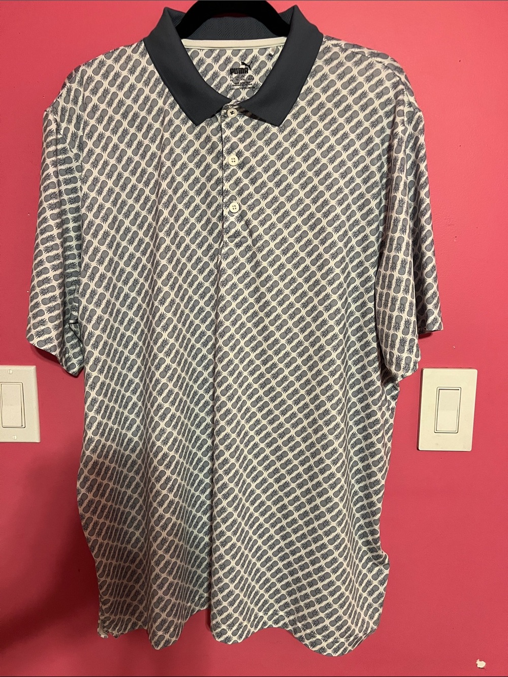 Puma Men’s MATTR Light Blue Patterned Polo with Navy Collar NWOT Size XL